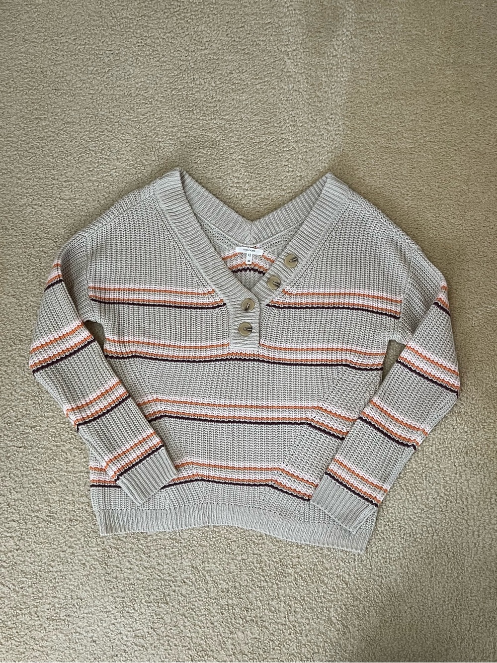 Maurice’s Beige V-Neck Button Stripe Sweater - Women’s Medium